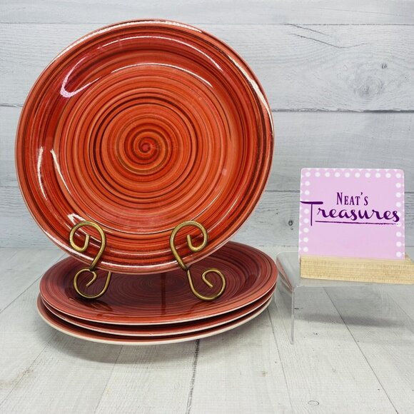 Tabletops FRESCO Hand Painted Red & Brown Swirl Stoneware Dinner Plates Set of 4 - Picture 1 of 10
